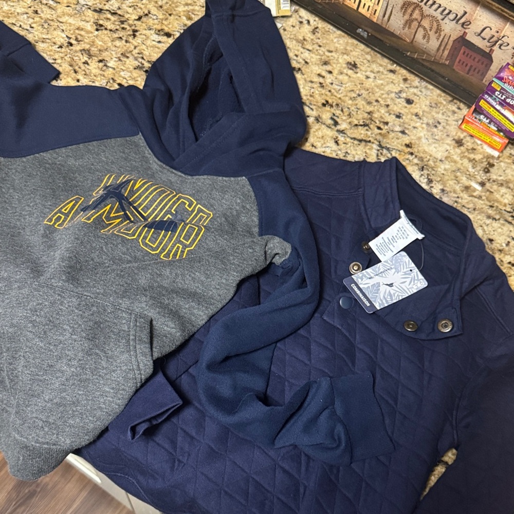 Under Armour Navy and Gray Hoodie with Yellow Logo and Tommy bahama sweater navy